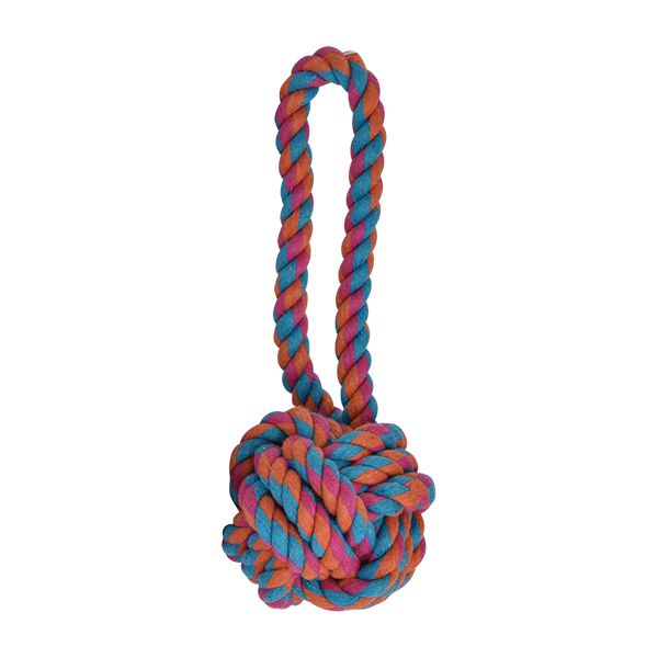 JUGUETE BOLA DE HILO MULTICOLOR CON JALADERA
