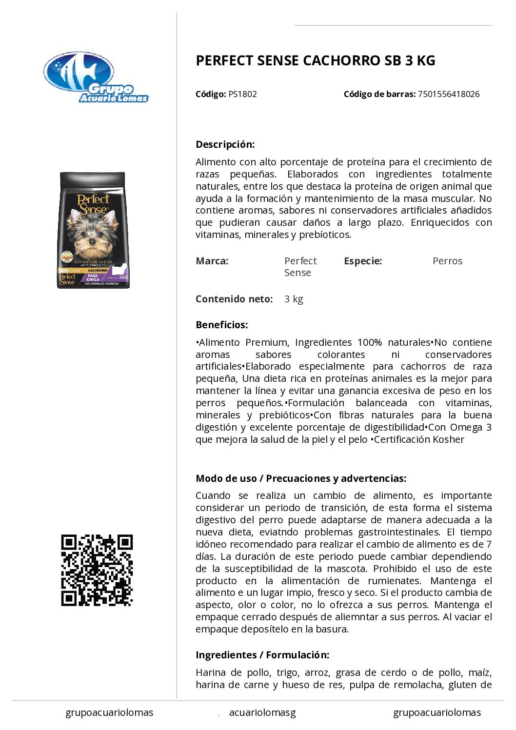 PERFECT_SENSE_CACHORRO_SB_3_KG PERFECT SENSE ALIMENTO PREMIUM P/CACHORRO SB