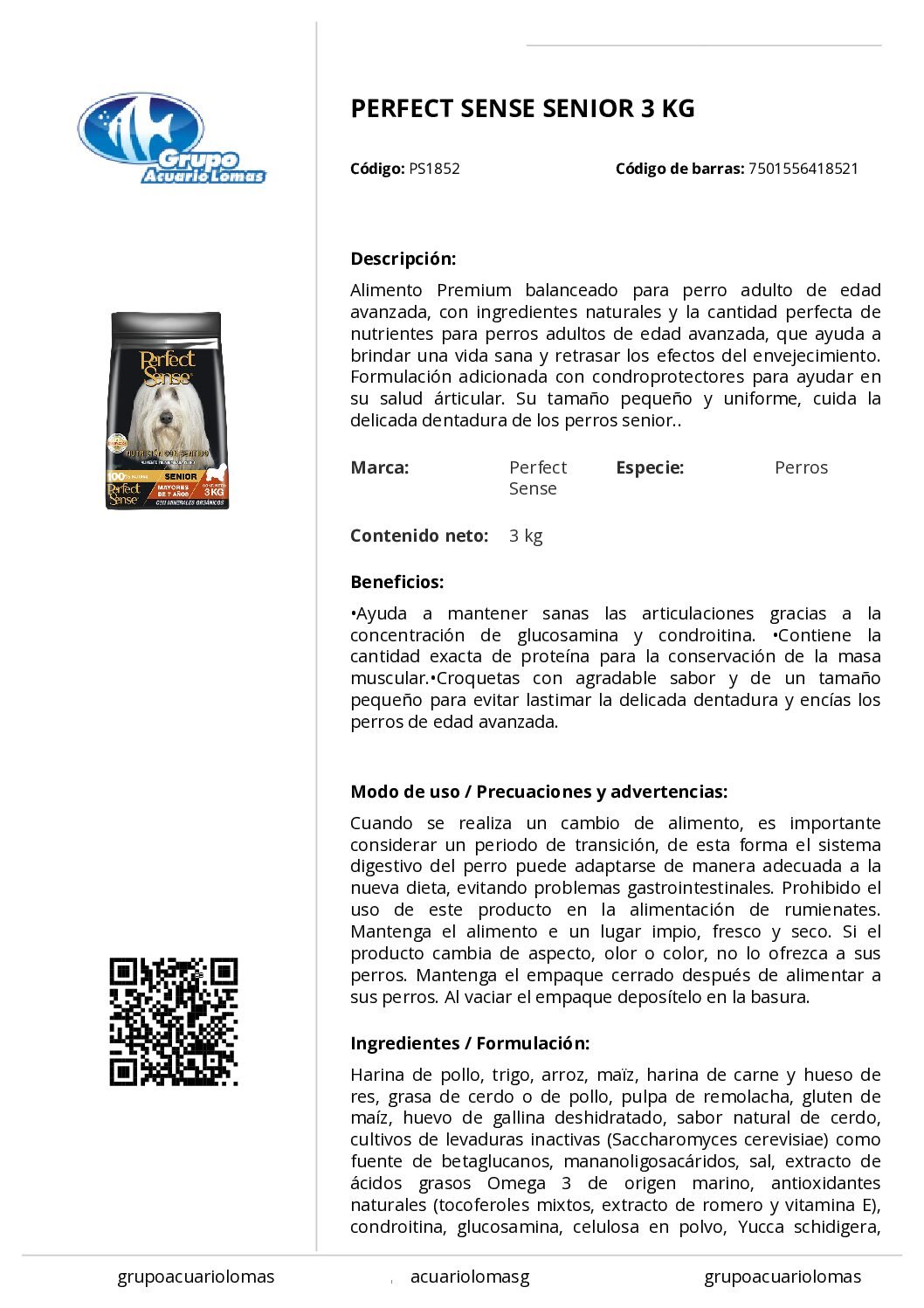 PERFECT_SENSE_SENIOR_3_KG PERFECT SENSE ALIMENTO SECO P/PERROS SENIOR